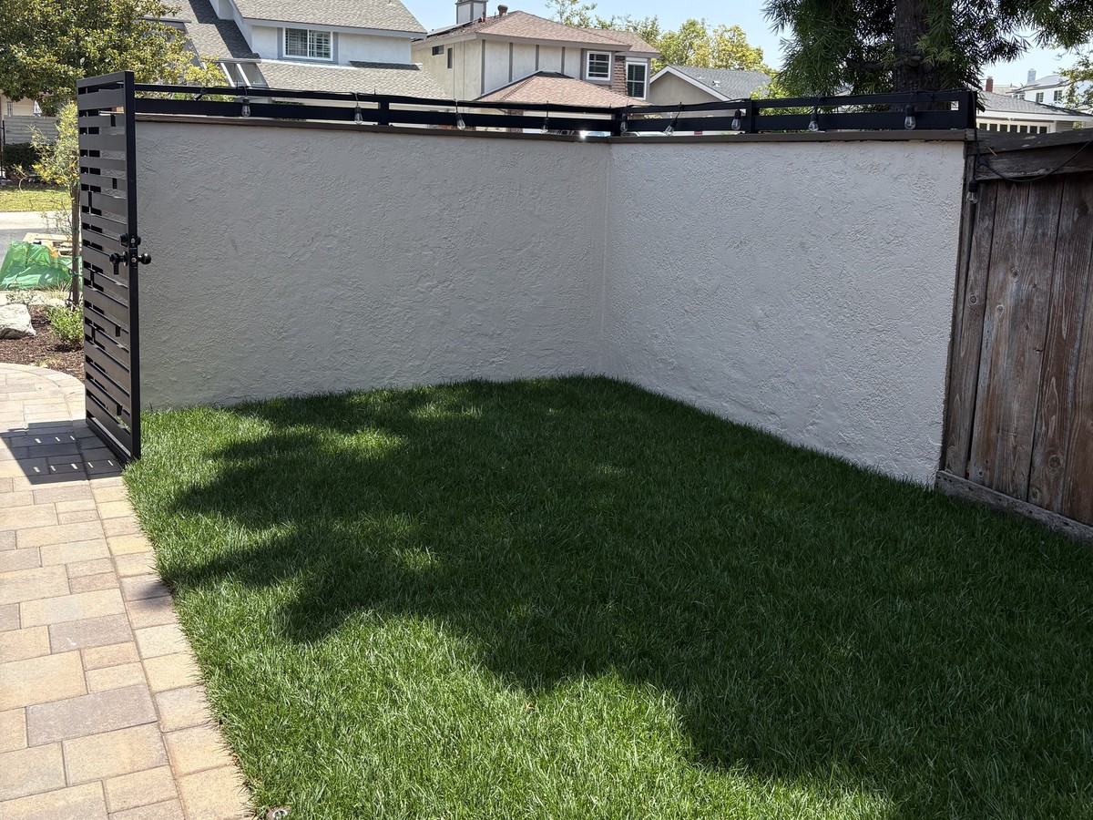 After: repainted stucco wall with a new fence topper, pavers and turf
