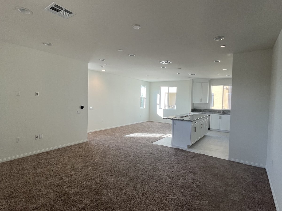 Before: original carpet in the same living room and kitchen