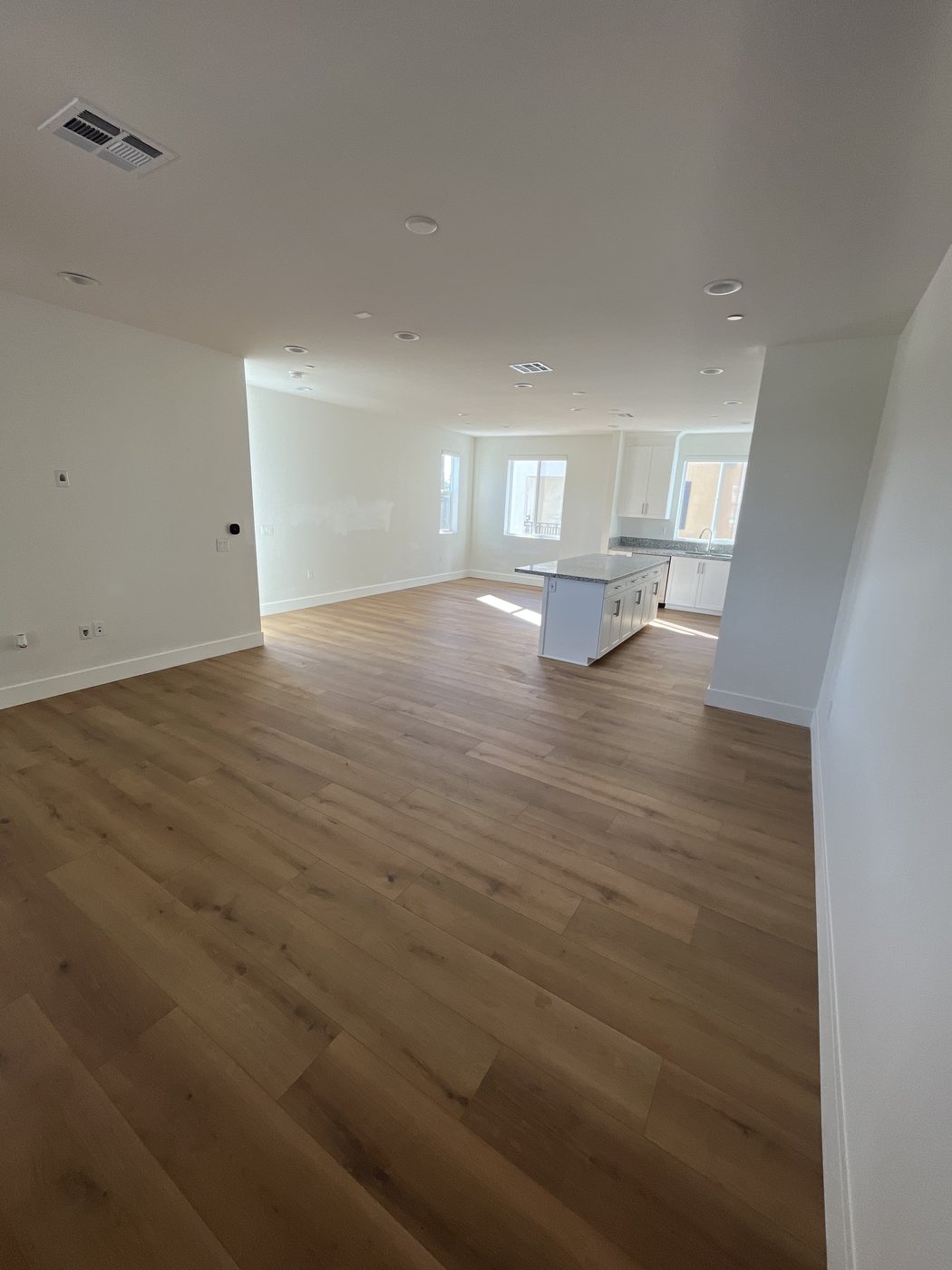 Finished wood-look flooring in an open living room and kitchen