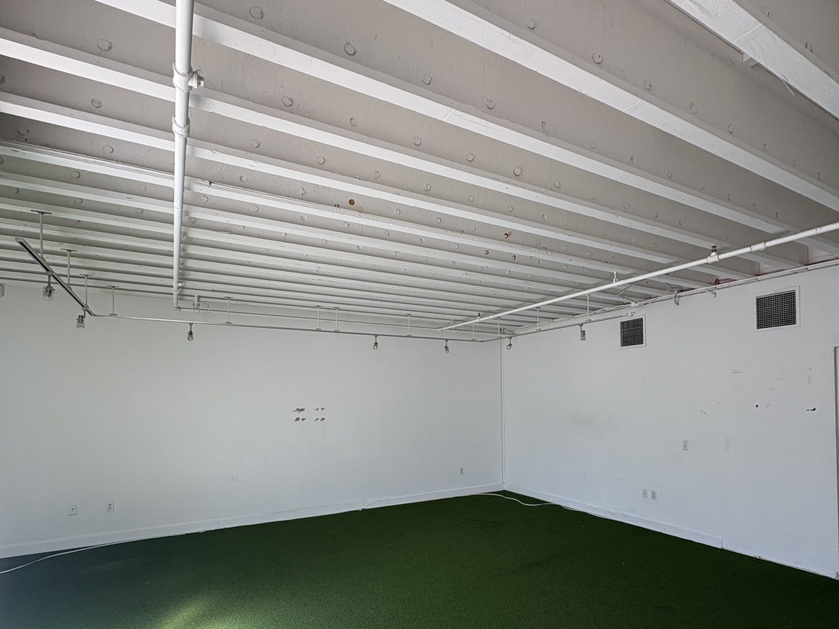 Garage storage room with turf flooring before conversion